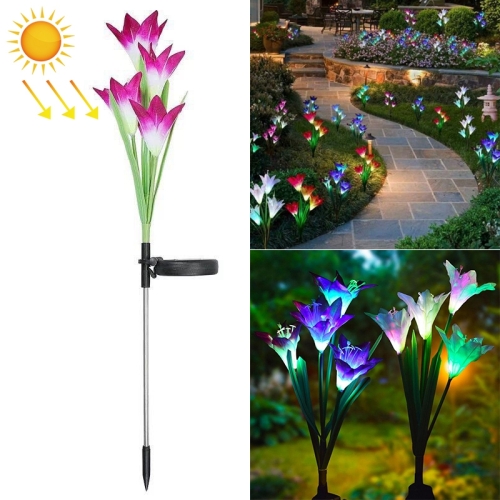 Simulated Lily Flower 4 Heads Solar Powered Outdoor IP55 Waterproof LED Decorative Lawn Lamp, Colorful Light (Purple)