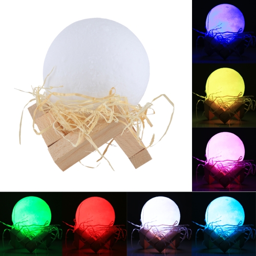 

8cm Touch Control 3D Print Moon Lamp, USB Charging 7-color Changing LED Energy-saving Night Light with Wooden Holder Base