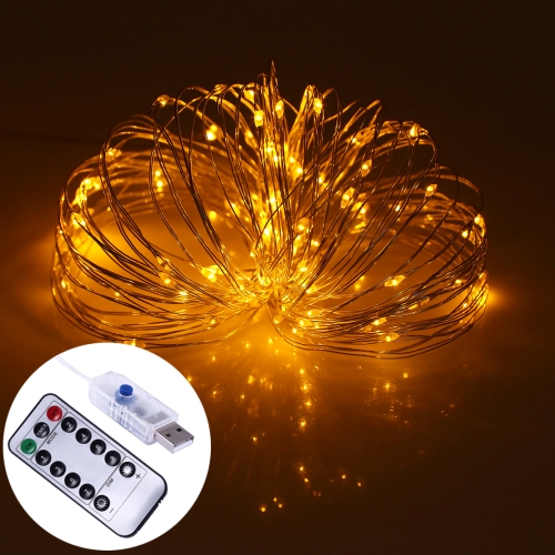 Luz de cadena de alambre de plata USB de 2W 10m, Lámpara de hadas de 100 LED, 8 modos, luz decorativa con control remoto de 13 teclas, 5 V CC