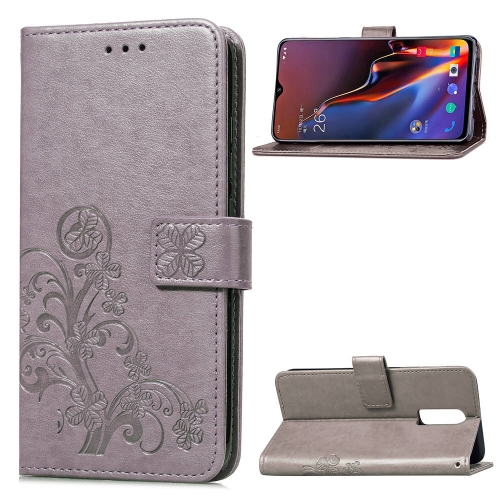 

Lucky Clover Pressed Flowers Pattern Leather Case for OnePlus 6T, with Holder & Card Slots & Wallet & Hand Strap (Grey)