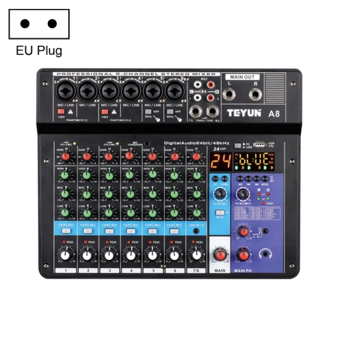 

TEYUN NA8 8-channel Small Mixing Console Mobile Phone Sound Card Live Broadcast Computer Recording Console Processor, EU Plug(Black)