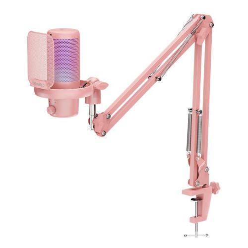 

FEELWORLD VM1 USB Condenser Gaming Microphone for Streaming Noise Cancellation Mute RGB Light Boom Arm Stand (Pink)