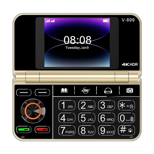 

SOYES V-899, 32MB+64MB, 2.4 inch + 2.8 inch Display MTK6261D CPU, BT 3.0, Network: 2G, Dual SIM (Gold)