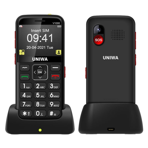 

UNIWA V1000 4G Elder Mobile Phone, 2.31 inch, UNISOC TIGER T117, 1800mAh Battery, 21 Keys, Support BT, FM, MP3, MP4, SOS, Torch, Network: 4G, with Docking Base(Black)