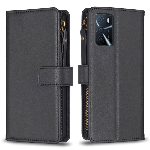 

9 Card Slots Zipper Wallet Leather Flip Phone Case For OPPO A16 / A16s / A54s / A55 5G / A54 4G (Black)