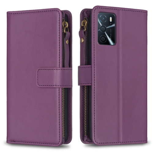 

9 Card Slots Zipper Wallet Leather Flip Phone Case For OPPO A16 / A16s / A54s / A55 5G / A54 4G (Dark Purple)