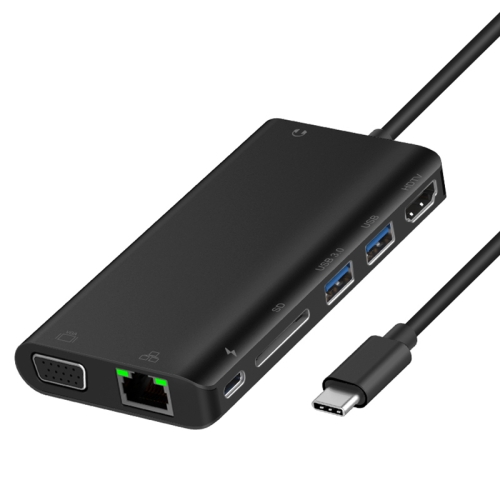 

Onten 9591BD 8 in 1 USB-C / Type-C to PD USB-C / Type-C Charging + Gigabit Ethernet + Dual USB 3.0 + HDMI + VGA + SD Card Slot + 3.5mm AUX HUB(Black)