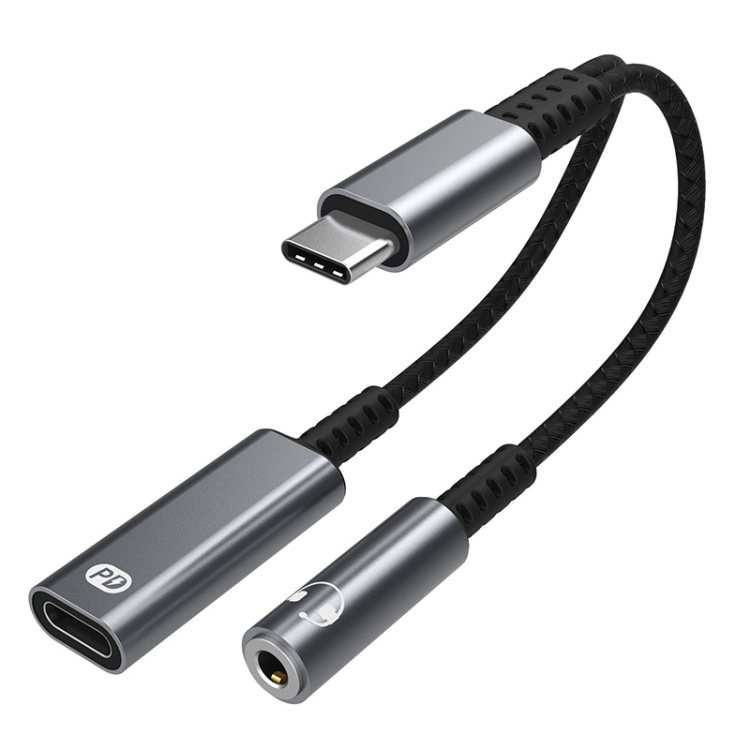 

A15-1 USB-C / Type-C Male to PD 30W USB-C / Type-C Charging + 3.5mm Audio Female Earphone Adapter (Grey)