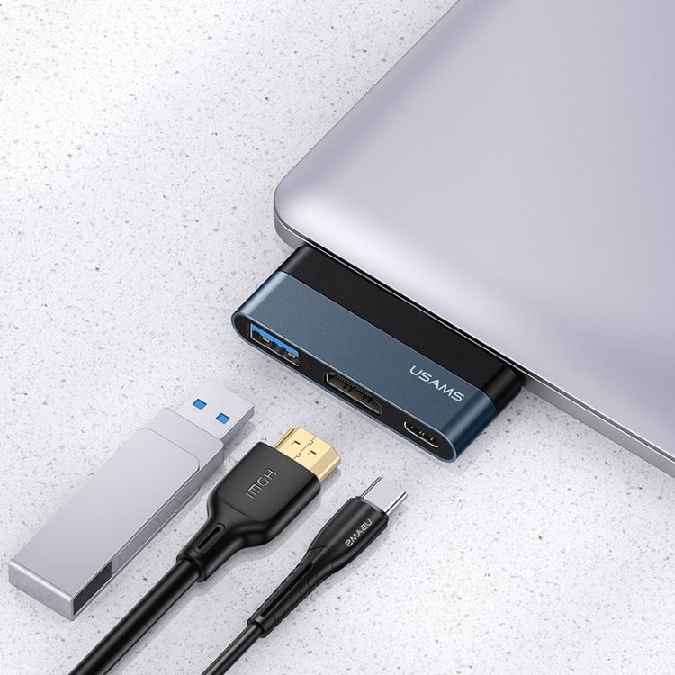 

USAMS US-SJ492 USB-C / Type-C Male to USB 3.0 + HDMI + PD Ports HUB Mini Converter (Dark Gray)