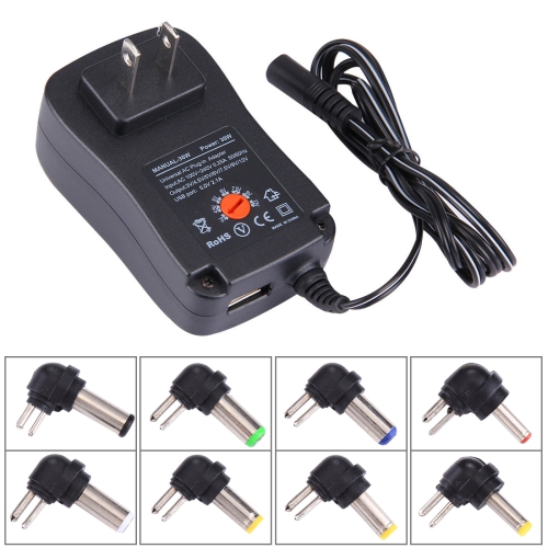 

US Plug Universal 30W Power Wall Plug-in Adapter with 5V 2.1A USB Port, Tips: 6 PCS, Cable Length: About 1.2m