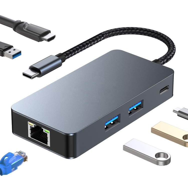

BYL-2308 6 in 1 USB-C / Type-C to USB3.2 + Gigabit Internet + HDTV HUB Adapter (Dark Gray)