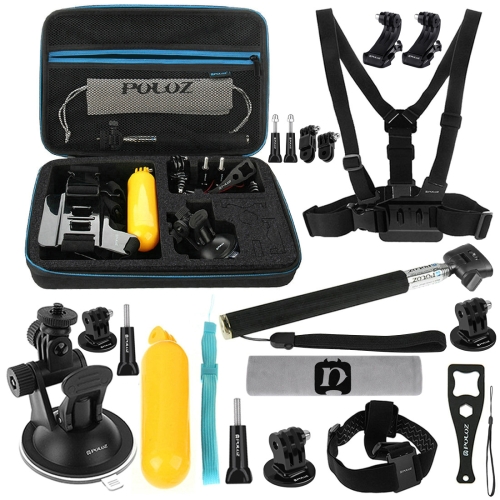 

PULUZ 20 in 1 Accessories Combo Kits with EVA Case (Chest Strap + Head Strap + Suction Cup Mount + 3-Way Pivot Arm + J-Hook Buckles + Extendable Monopod + Tripod Adapter + Bobber Hand Grip + Storage Bag + Wrench) for GoPro Hero11 Black / HERO10 Black / Go
