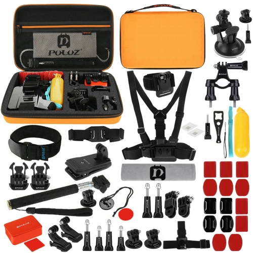 

PULUZ 53 in 1 Accessories Total Ultimate Combo Kits with Orange EVA Case (Chest Strap + Suction Cup Mount + 3-Way Pivot Arms + J-Hook Buckle + Wrist Strap + Helmet Strap + Extendable Monopod + Surface Mounts + Tripod Adapters + Storage Bag + Handlebar Mou