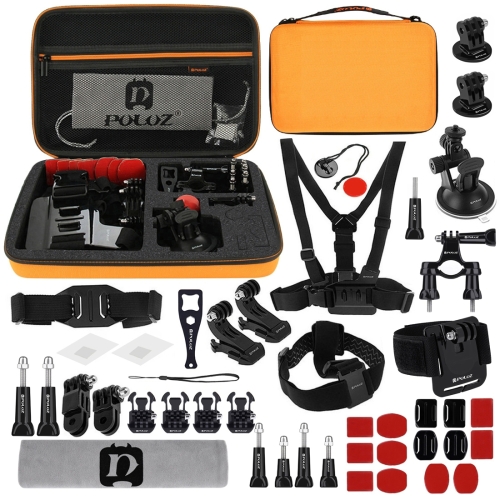

PULUZ 45 in 1 Accessories Ultimate Combo Kits with Orange EVA Case (Chest Strap + Suction Cup Mount + 3-Way Pivot Arms + J-Hook Buckle + Wrist Strap + Helmet Strap + Surface Mounts + Tripod Adapter + Storage Bag + Handlebar Mount + Wrench) for GoPro Hero1