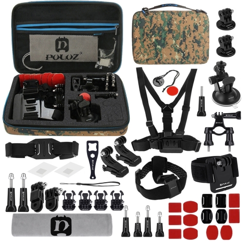 

PULUZ 45 in 1 Accessories Ultimate Combo Kits with Camouflage EVA Case (Chest Strap + Suction Cup Mount + 3-Way Pivot Arms + J-Hook Buckle + Wrist Strap + Helmet Strap + Surface Mounts + Tripod Adapter + Storage Bag + Handlebar Mount + Wrench) for GoPro H