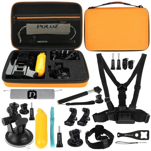 

PULUZ 20 in 1 Accessories Combo Kits with Orange EVA Case (Chest Strap + Head Strap + Suction Cup Mount + 3-Way Pivot Arm + J-Hook Buckles + Extendable Monopod + Tripod Adapter + Bobber Hand Grip + Storage Bag + Wrench) for GoPro Hero12 Black / Hero11 /10