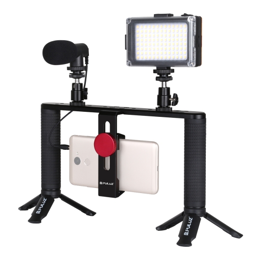 

PULUZ 4 in 1 Vlogging Live Broadcast LED Selfie Light Smartphone Video Rig Handle Stabilizer Aluminum Bracket Kits with Microphone + Tripod Mount + Cold Shoe Tripod Head