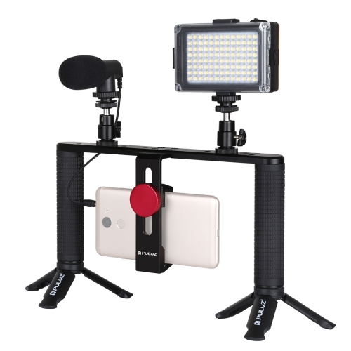 

[US Warehouse] PULUZ 4 in 1 Vlogging Live Broadcast LED Selfie Light Smartphone Video Rig Handle Stabilizer Aluminum Bracket Kits with Microphone + Tripod Mount + Cold Shoe Tripod Head