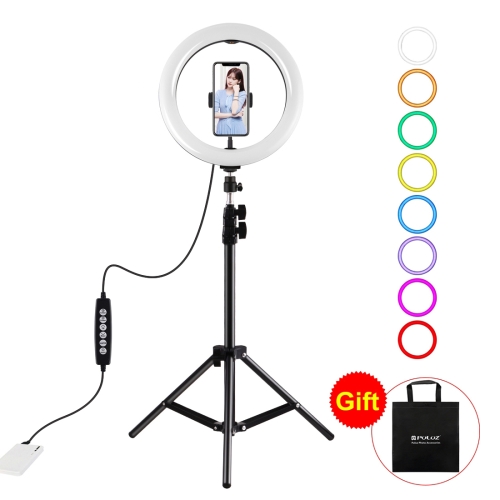 PULUZ 1,1 m Montaje en trípode + 10,2 pulgadas 26 cm RGBW Anillo LED Vlogging Video Light Kits de transmisión en vivo con trípode de zapata fría Cabeza de bola y abrazadera para teléfono