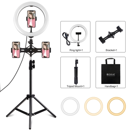 

PULUZ Dual Phone Brackets Horizontal Holder + 1.1m Tripod Mount + 10.2 inch 26cm LED Ring Vlogging Video Light Live Broadcast Kits(Black)