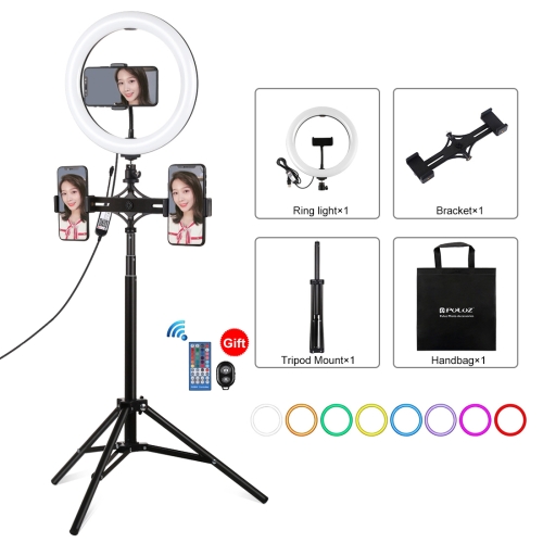 Camera Accessories 1.65m Tripod Mount Dual Phone Brackets 10.2 inch 26cm Curved Surface USB 3 Modes Dimmable Dual Color Temperature Ring Vlogging Video Light Live Broadcast Kits with Phone Clamp 