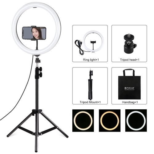 PULUZ 11,8 pollici 30 cm Luce + 1,1 m Supporto per treppiede Superficie  curva USB 3 modalità Dimmerabile Doppia temperatura colore LED Anello  Vlogging Luce video Kit di trasmissione live con morsetto per telefono  (Nero)