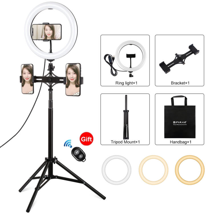 

PULUZ 1.65m Tripod Mount + Dual Phone Brackets + 10.2 inch 26cm Curved Surface USB 3 Modes Dimmable Dual Color Temperature Ring Selfie Vlogging Video Light Live Broadcast Kits with Phone Clamp & Selfie Remote Control(Black)