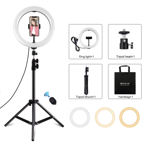 

PULUZ 10.2 inch 26cm Ring Light + 1.1m Tripod Mount USB 3 Modes Dimmable Dual Color Temperature LED Curved Diffuse Light Vlogging Selfie Photography Video Lights with Phone Clamp & Selfie Remote Control(Black)