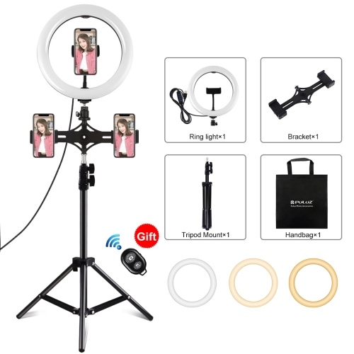 

PULUZ 10.2 inch 26cm Light + 1.1m Tripod Mount + Dual Phone Brackets USB 3 Modes Dimmable Dual Color Temperature LED Curved Diffuse Light Ring Vlogging Selfie Photography Video Lights with Phone Clamp & Selfie Remote Control(Black)