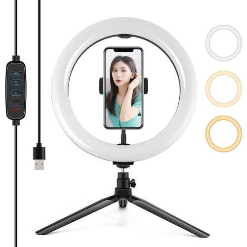 

PULUZ 10.2 inch 26cm Selfie Beauty Light + Desktop Tripod Mount USB 3 Modes Dimmable LED Ring Vlogging Selfie Photography Video Lights with Cold Shoe Tripod Ball Head & Phone Clamp(Black)