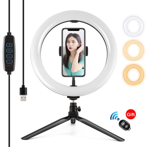 

PULUZ 10.2 inch 26cm Light + Desktop Tripod Mount USB 3 Modes Dimmable Dual Color Temperature LED Curved Diffuse Light Ring Vlogging Selfie Photography Video Lights with Phone Clamp & Selfie Remote Control(Black)