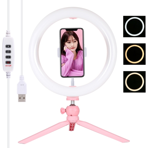 

PULUZ 10.2 inch 26cm Light + Desktop Tripod Mount USB 3 Modes Dimmable Dual Color Temperature LED Curved Diffuse Light Ring Vlogging Selfie Photography Video Lights with Phone Clamp(Pink)