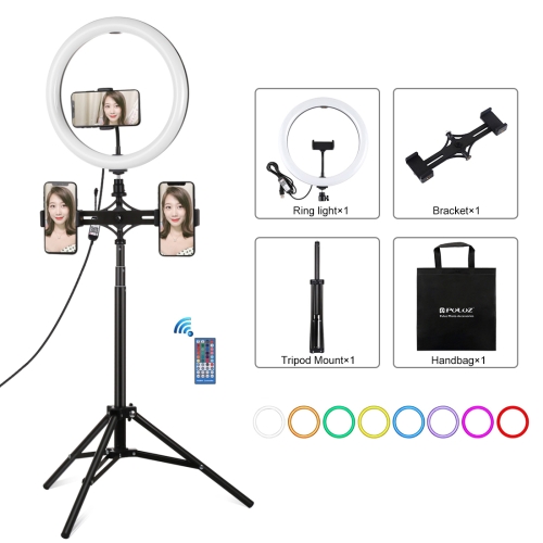 

PULUZ 11.8 inch 30cm RGBW Light + 1.65m Mount + Dual Phone Brackets Curved Surface RGBW Dimmable LED Ring Selfie Vlogging Light Live Broadcast Kits with Cold Shoe Tripod Adapter & Phone Clamp & Remote Control(Black)