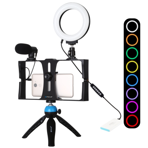 

PULUZ 4 in 1 Vlogging Live Broadcast Smartphone Video Rig + 4.7 inch 12cm RGBW Ring LED Selfie Light + Microphone + Pocket Tripod Mount Kits with Cold Shoe Tripod Head(Blue)