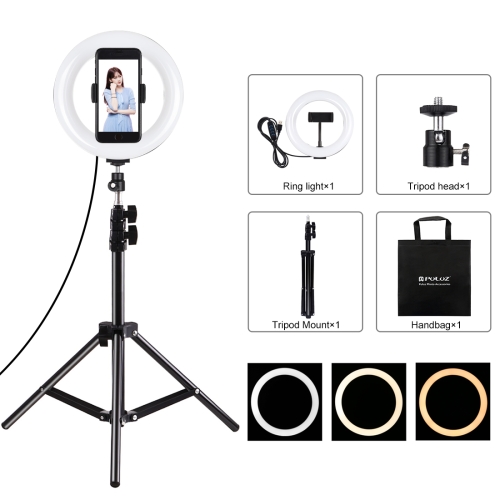 

PULUZ 7.9 inch 20cm Light+ 1.1m Tripod Mount USB 3 Modes Dimmable Dual Color Temperature LED Curved Light Ring Vlogging Selfie Photography Video Lights with Phone Clamp(Black)