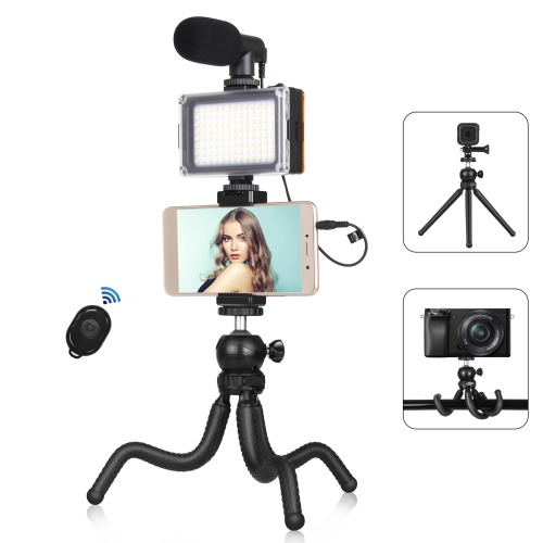 

PULUZ 4 in 1 Vlogging Live Mini Octopus Bracket Kit + Studio Light + Microphone + Phone Clamp Kits(Black)