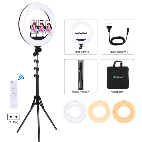 

PULUZ 18 inch 46cm Ring Light + 1.8m Tripod 3 Modes Dimmable White Light LED Selfie Beauty Photography Lights Kit with Remote Control & 3 x Phone Clamps(EU Plug)