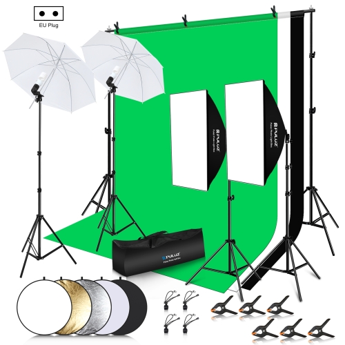 PULUZ LED-Lichtstudio-Softbox-Fotografie-Kit mit Hintergrund und reflektierender Stativhalterung und Sandsäcken (EU-Stecker)