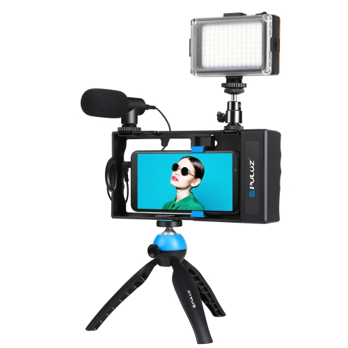 

PULUZ 4 in 1 Bluetooth Handheld Vlogging Live Broadcast LED Selfie Light Smartphone Video Rig Kits with Microphone + Tripod Mount + Cold Shoe Tripod Head for iPhone, Galaxy, Huawei, Xiaomi, HTC, LG, Google, and Other Smartphones(Blue)