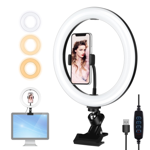 

PULUZ 10.2 inch 26cm Ring Light + Monitor Clip USB 3 Modes Dimmable Dual Color Temperature LED Curved Diffuse Vlogging Selfie Beauty Photography Video Lights with Phone Clamp(Black)