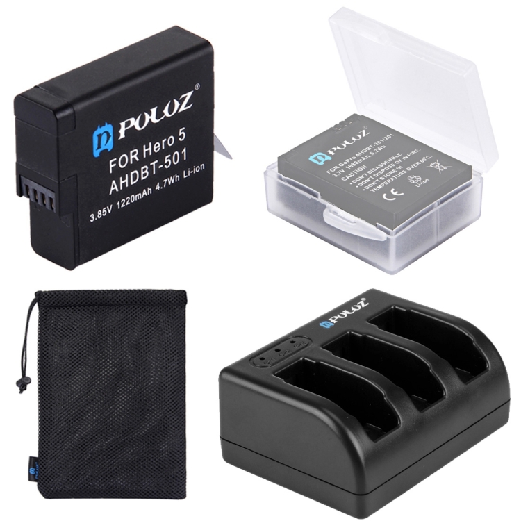 

PULUZ 4 in 1 AHDBT-501 3.85V 1220mAh Battery + AHDBT-501 3-channel Battery Charger + Mesh Storage Bag + Battery Storage Box Kits for GoPro HERO7 /6 /5