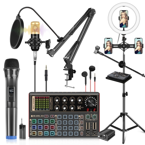

PULUZ Professional Microphone Live Sound Card Kit with Phantom Power and 1.6m Stand Selfie Ring Light, English Version(Black)