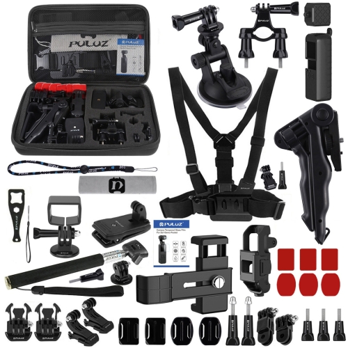 

PULUZ 43 in 1 Accessories Total Ultimate Combo Kits for DJI Osmo Pocket with EVA Case (Chest Strap + Wrist Strap + Suction Cup Mount + 3-Way Pivot Arms + J-Hook Buckle + Grip Tripod Mount + Surface Mounts + Bracket Frame + Screen Film + Silicone Case + Tr