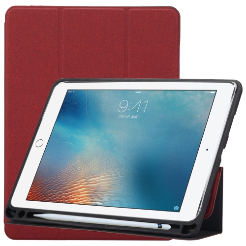 

Cloth Texture Pattern Case for iPad 9.7 (2018) & iPad 9.7 inch (2017), with Three-folding Holder & Pen Slots(Red)