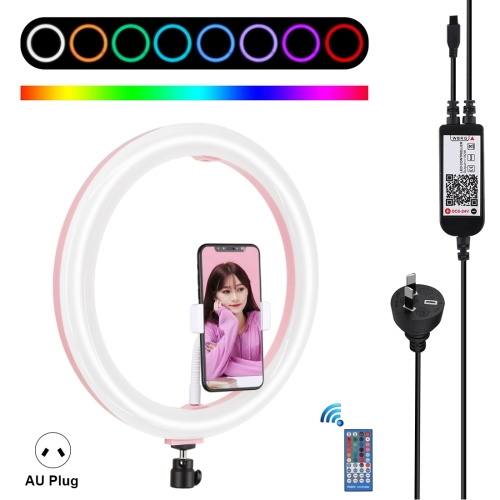 

PULUZ 11.8 inch 30cm RGB Dimmable LED Ring Vlogging Selfie Photography Video Lights with Cold Shoe Tripod Ball Head & Phone Clamp (Pink)(AU Plug)