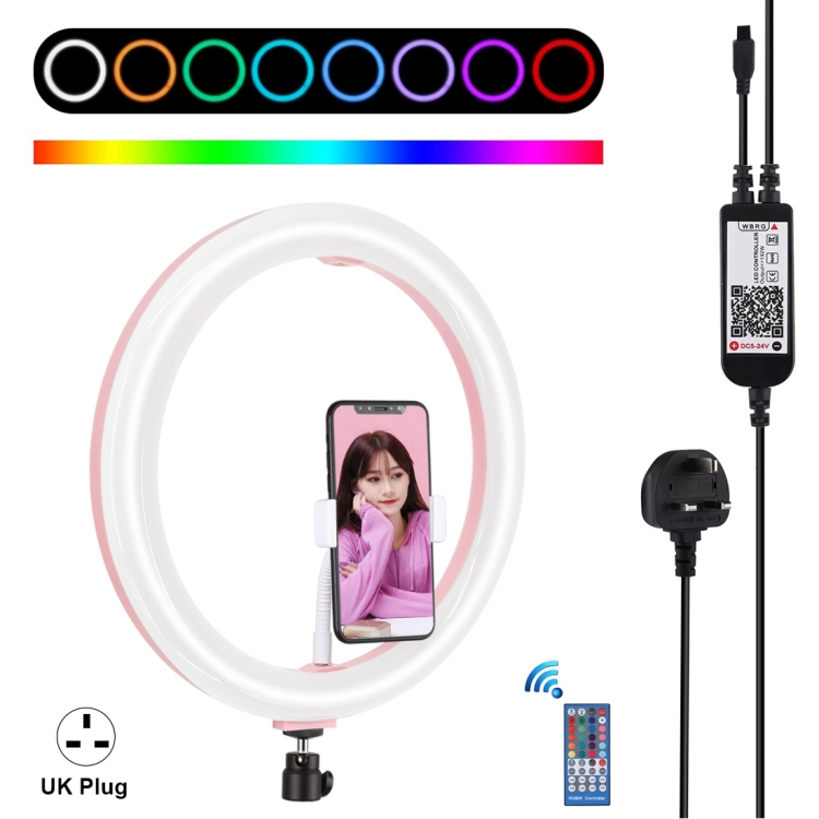 

PULUZ 11.8 inch 30cm RGB Dimmable LED Ring Vlogging Selfie Photography Video Lights with Cold Shoe Tripod Ball Head & Phone Clamp (Pink)(UK Plug)