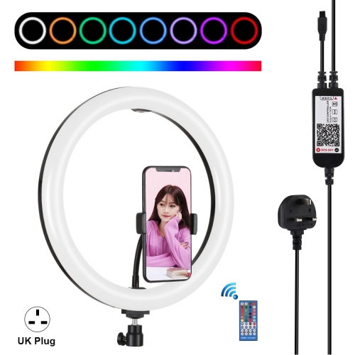 

PULUZ 11.8 inch 30cm RGB Dimmable LED Ring Vlogging Selfie Photography Video Lights with Cold Shoe Tripod Ball Head & Phone Clamp (Black)(UK Plug)