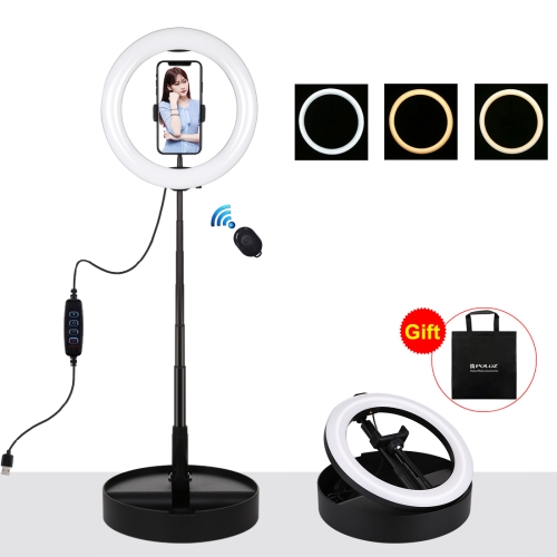 PULUZ 10,2 Zoll 26 cm USB 3-Modi Dimmbare zweifarbige LED-LED mit gebogenem Ring Vlogging Selfie-Fotografie-Videolichter mit Bluetooth-Fernauslöser und klappbarem Desktop-Halter und Telefonklemme (schwarz)