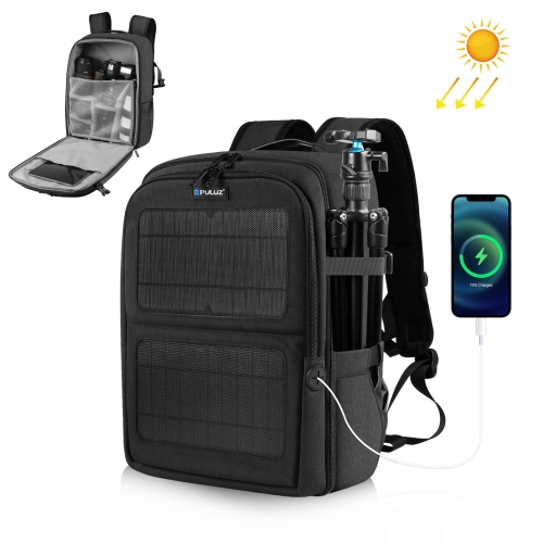 PULUZ Solar Power Outdoor Tragbare Kamera Dual Shoulders Rucksack Laptoptasche (Schwarz)