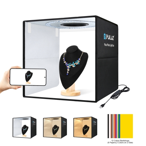 

PULUZ 40cm Folding Portable Ring Light USB Photo Lighting Studio Shooting Tent Box with 6 x Dual-side Color Backdrops, Size: 40cm x 40cm x 40cm(Black)
